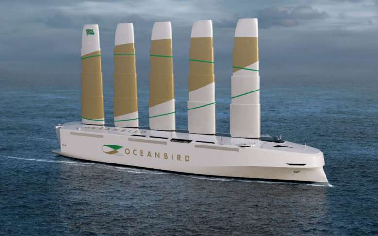 Vu d’Israël. La force du vent pousse l’Oceanbird. Un super cargo capable de traverser l’Atlantique.